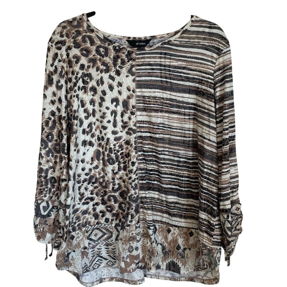 Ali Miles Tunic Top 3/4 Tie Sleeves Mixed Print Sz XL Soft Shabby Chic Boho